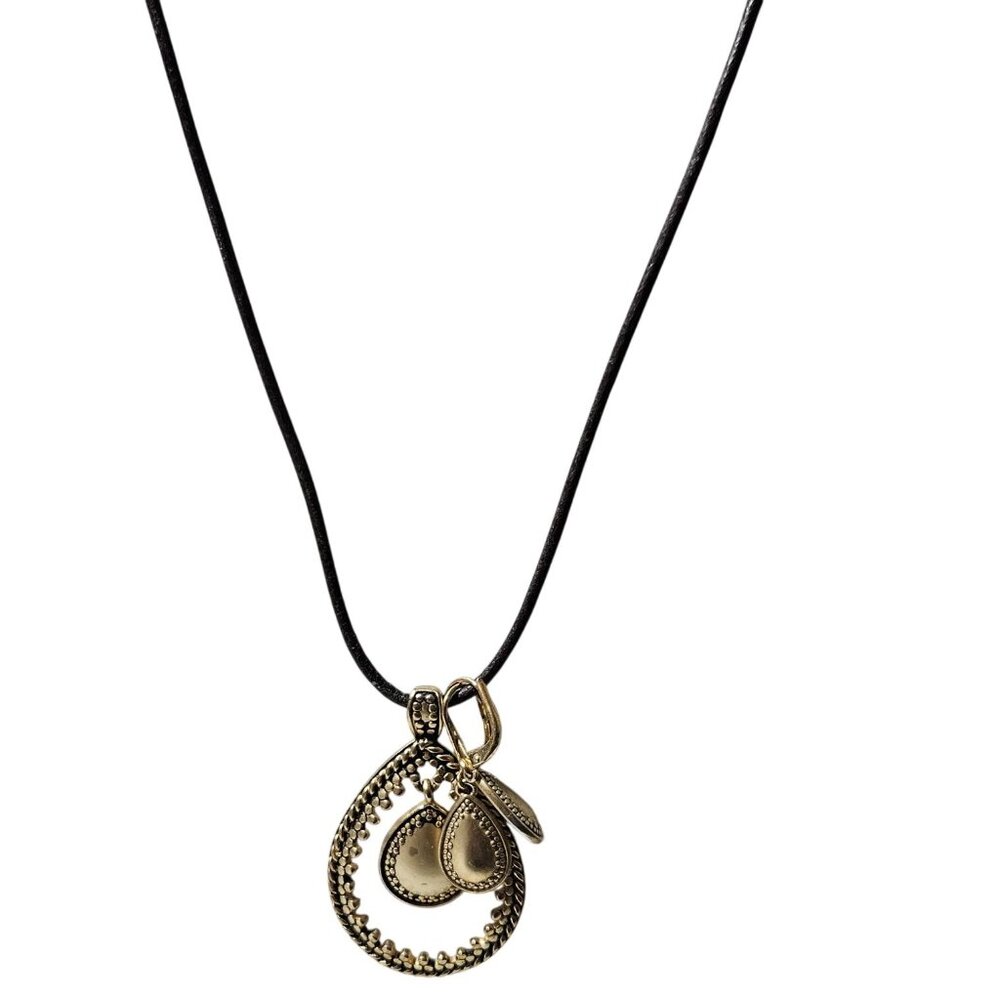 Elegant Gold Tone Teardrop Pendant Charm Necklace Black Cord Fashion Jewelry
